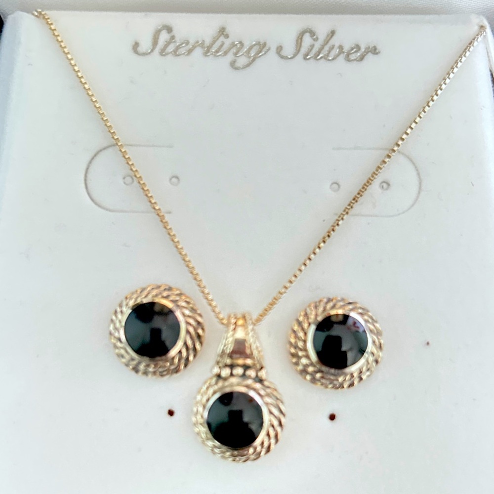 Vintage Round Black Onyx jewellery set, 925 silver, Box chain, Mark Italy